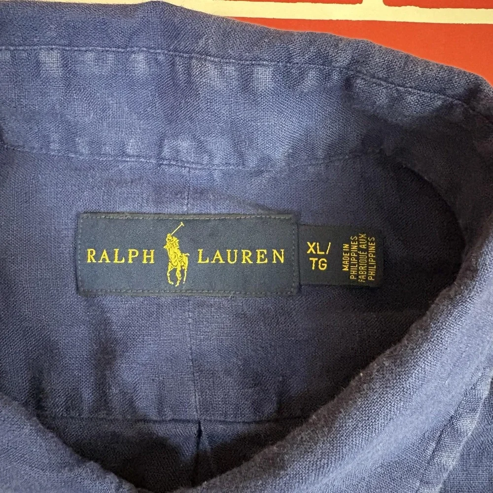 Ralph Lauren Linen Shirt Mens XL Blue Short Sleeve Button-Down Casual Pony Logo